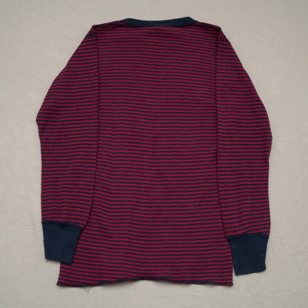 Vintage 70s Fashion Thermal Red Blue Striped Waffle Knit Contrast 2 Tone Shirt L